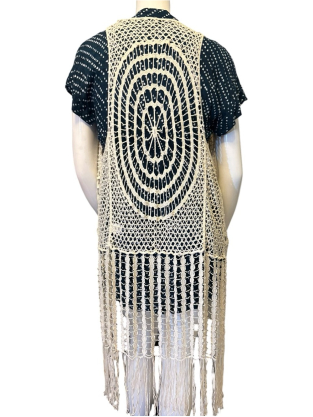 Boho Crochet Fringe Longline Vest, O/S, Festival Cover-up Duster - Picture 6 of 13